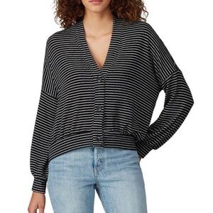 Bobeau Striped Nia Button Front V-Neck Balloon Sleeve Oversized Cardigan Sz S